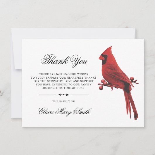 Beileid Funeral DANK IHNEN Kardinal Bird Dankeskarte (Vorderseite)