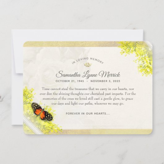 Beileid für antike Blumenschmetterlinge Danke Kart Einladung (Rückseite)