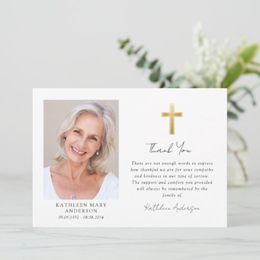 Beileid Gold Cross Foto Beerdigung Dankeskarte (Stehend Vorderseite)