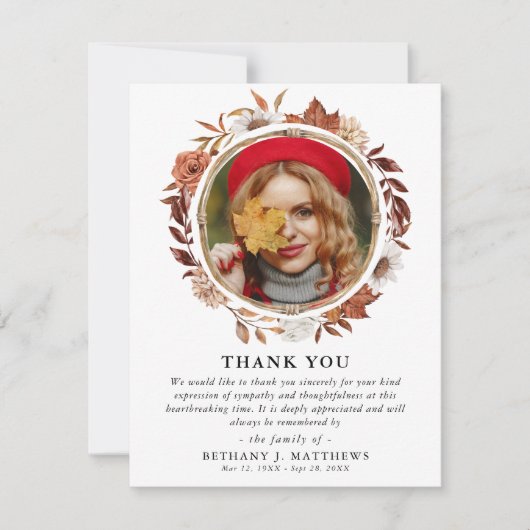 Beileid Herbstfall Trauerbeerdigung Foto Dankeskarte (Vorderseite)