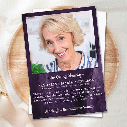 Beileid Love Memory Foto Marmor Lila Beerdigung Dankeskarte