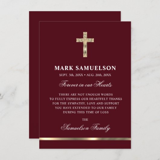 Beileid Memorial Religious Cross Burgundy Gold Dankeskarte (Vorne/Hinten)