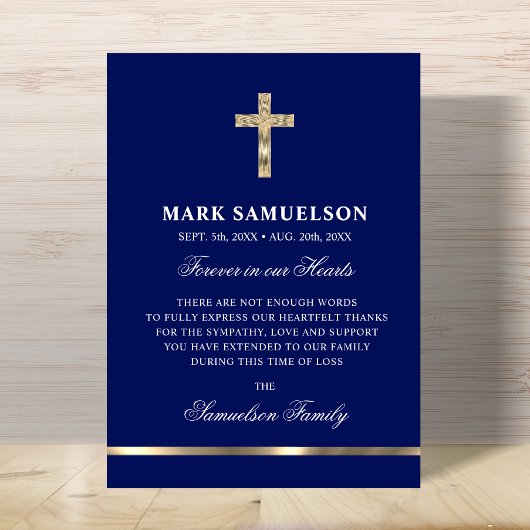 Beileid Memorial Religious Cross Navy Gold Dankeskarte