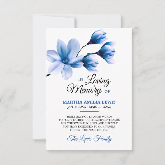 Beileid Memory Blume Blue Magnolia DANKEN Dankeskarte (Vorderseite)