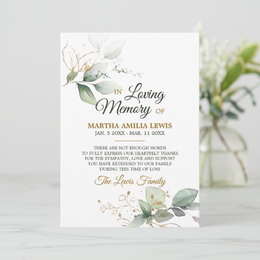 Beileid Memory Greenery Gold DANK | FOTO Dankeskarte (Stehend Vorderseite)