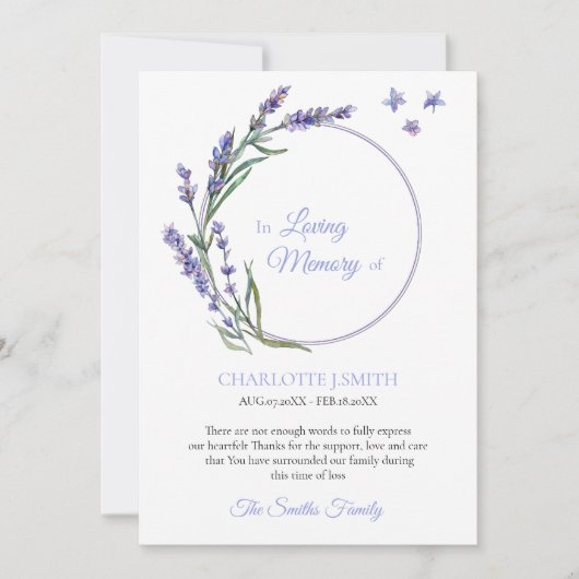 Beileid Memory Lavender Blume Vielen Dank Einladung (Vorderseite)