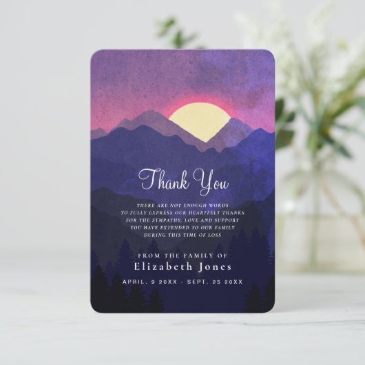Beileid Memory Sunset Mountain Dankeskarte (Stehend Vorderseite)