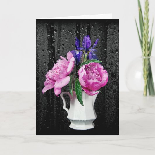 Beileid Pink Peonies und Iris mit Raindrops Karte (Vorderseite)