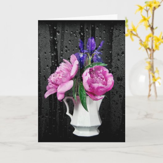 Beileid Pink Peonies und Iris mit Raindrops Karte (Gelbe Blume)