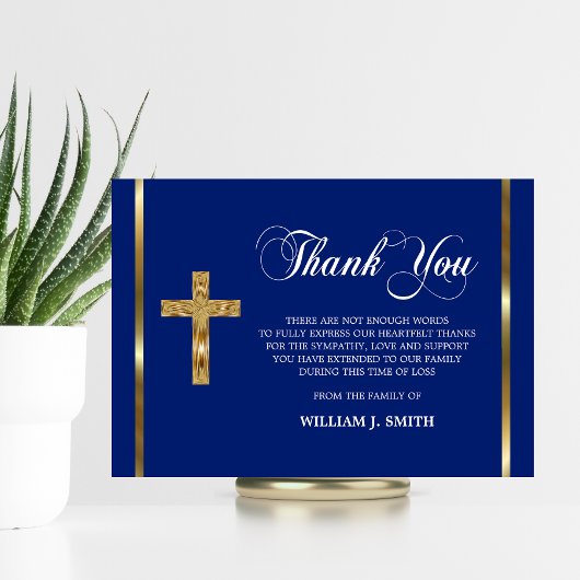Beileid Religious Gold Cross Blue DANK YOU Foto Dankeskarte