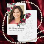 Beileid Rote Rose Black Script Foto Praetkarte<br><div class="desc">Schicken Sie diese elegante Blumengebet-Karte an Familie und Freunde im Gedenken an Ihren Lieben. Dieses Design verfügt über ein Foto auf der Vorderseite gerahmt in Imitat Gold mit handgemalten rot-weiß Aquarell-Rose mit Grün. Unten im schwarzen Skript sind die Worte "In Loving Memory" mit einem Namen und Daten zu personalisieren. Auf...</div>