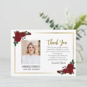 Beileid Rote Rosen Golden Borders Foto Beerdigung Dankeskarte (Stehend Vorderseite)