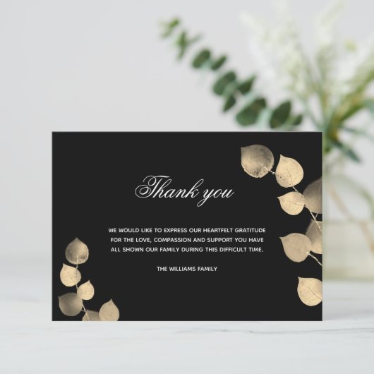 Beileid Schwarz-Eukalyptus-Foto Dankeskarte (Stehend Vorderseite)