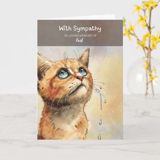 Beileid-Sentiment mit einer traurigen Katze mit Tr Karte (Gelbe Blume)