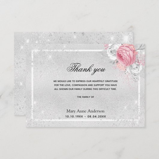 Beileid silber rosa flrosa Vielen Dank Dankeskarte (Vorne/Hinten)