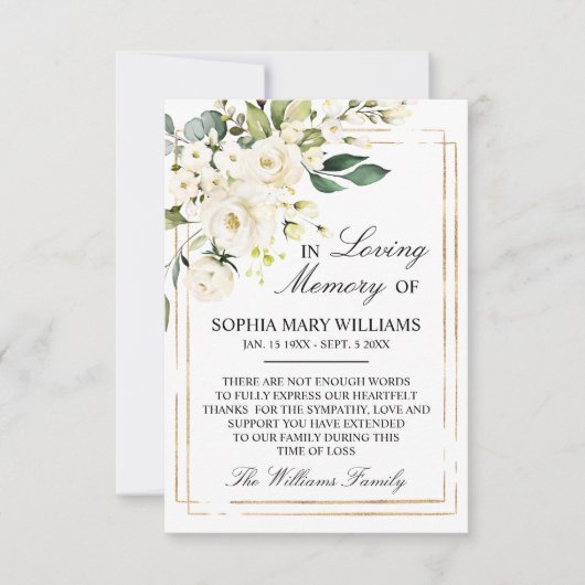 Beileid-Speicher mit weißer Rose und grünen Blätte Dankeskarte (Vorderseite)