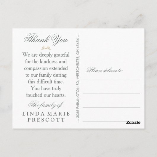 Beileid Vielen Dank Turquoise Gold Blätter PostCar Postkarte (Rückseite)