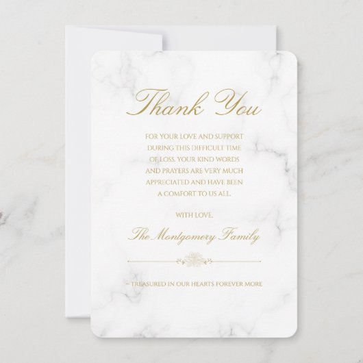 Beileid White Marble Gold Script Foto Beerdigung Dankeskarte (Rückseite)