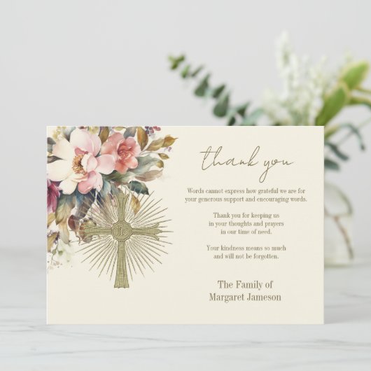 Beileid zur Beerdigung von Rosenkranzen Dankeskarte (Stehend Vorderseite)