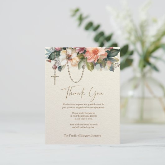 Beileid zur Beerdigung von Rosenkranzen Dankeskarte (Stehend Vorderseite)