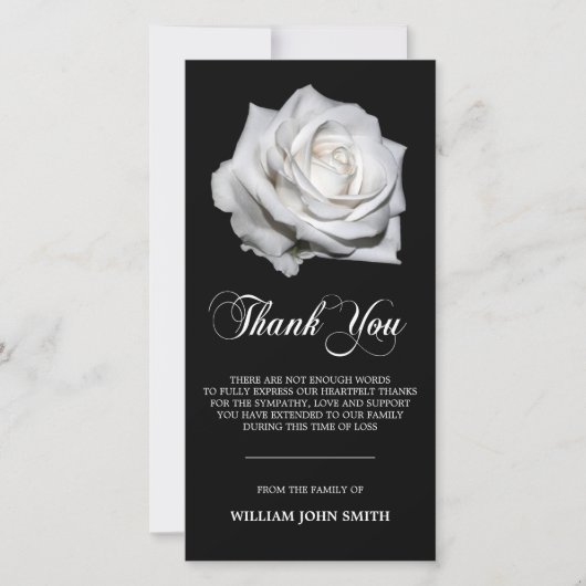 Beileids-Blumen-weiße Rose DANKEN IHNEN schwarz Dankeskarte (Vorderseite)