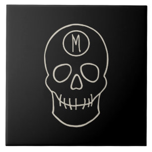 Beinweißer Schädel schwarz mit Monogramm Fliese