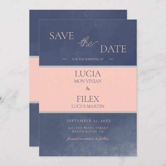 Beispiel Classic Navy Blue & Pink Save the Date Einladung (Vorne/Hinten)