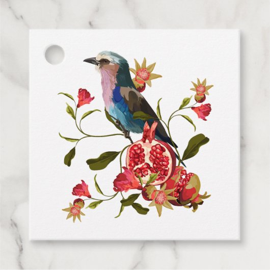 Beispiel für Vögel und Granatobst. Geschenkanhänger (Vorderseite)