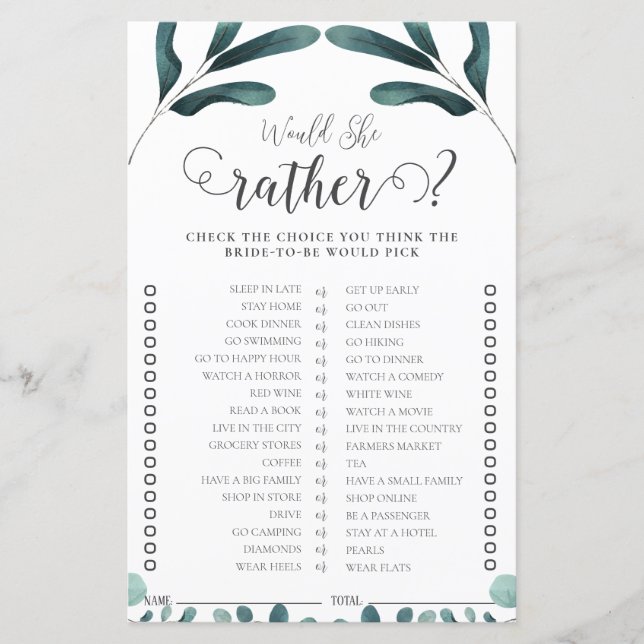 Beispiel Grüne Eukalyptus Brautparty Game (Vorderseite)