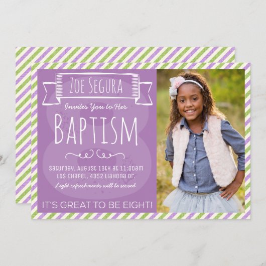 Bekanntgabe der Taufe für lila und grüne Streifen Einladung (Vorne/Hinten)