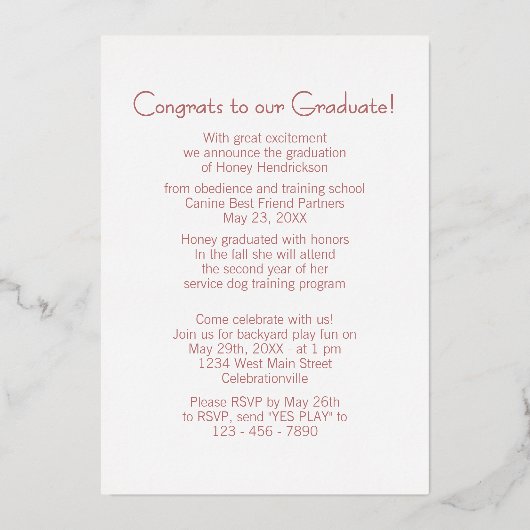 Bekanntgabe des Fun Puppy School Gold Foil Abschlu Folieneinladung (Rückseite)