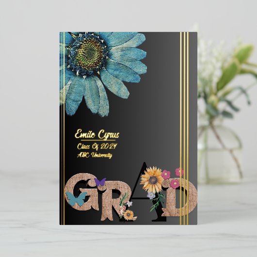 Bekanntgabe von Foil Script Retro Blumen Abschluss Folieneinladung (Stehend vorne)