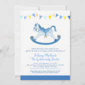 Belagtes Baby Dusche blaues Rockpferd Baby getroff Einladung (Vorderseite)