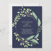 Belaubter grüner Aquarell-Rahmen, der | dunkelblau Einladung (Vorderseite)