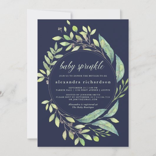 Belaubtes grünes Aquarell-Baby besprühen Einladung (Vorderseite)