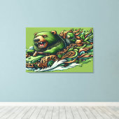 Belebte Bären, die mit einem grünen Auto in einem Leinwanddruck (Insitu (Holzboden))