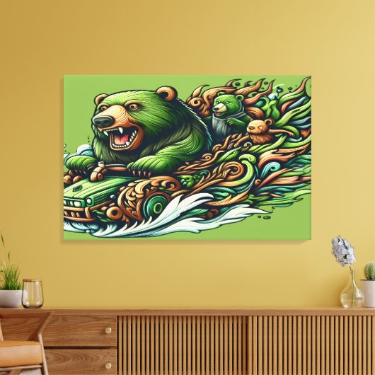 Belebte Bären, die mit einem grünen Auto in einem Leinwanddruck (Insitu (Wohnzimmer))