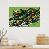 Belebte Bären, die mit einem grünen Auto in einem  Poster (Küche)