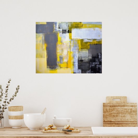 'Belebte, belebte', graue und gelbe Abstrakte Kuns Poster (Küche)