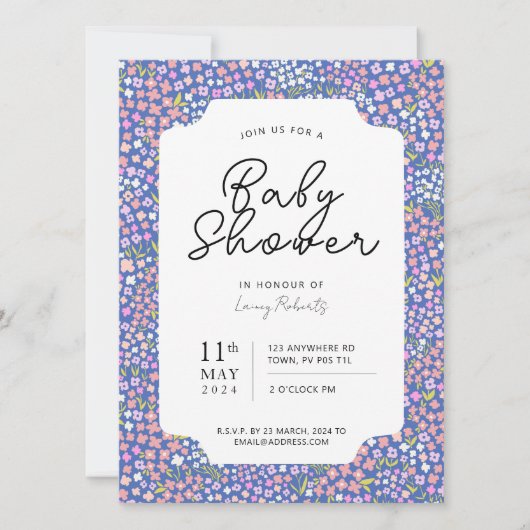 Belebte Ditsy Floral Pink und Indigo Blue Baby Dus Einladung (Vorderseite)