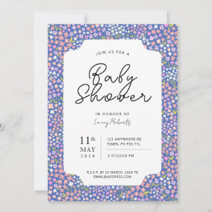 Belebte Ditsy Floral Pink und Indigo Blue Baby Dus Einladung