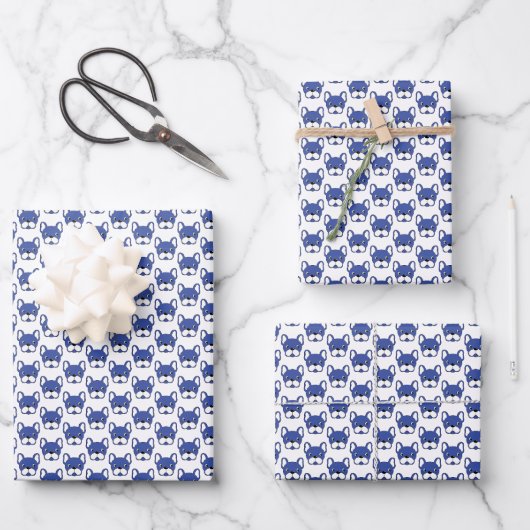 Belebtes französisches Bulldog-blaues Gemustertes  Geschenkpapier Set (Vorderseite)