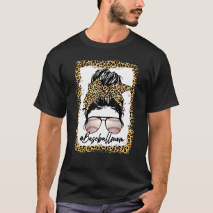 Beleuchtet Baseball Mama Leopard Messy Bun Game Da T-Shirt