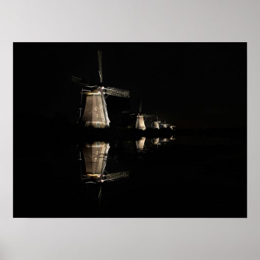 Beleuchtete Windmühlen, Kinderdijk am Nachtposter Poster (Vorne)