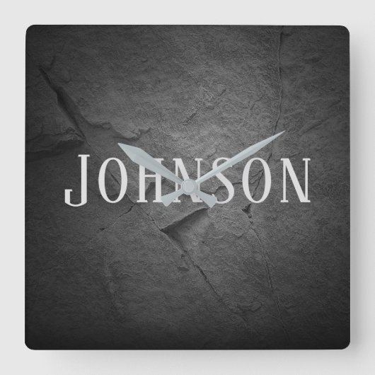 Beleuchteter schwarzer Schieferstein mit Namen Quadratische Wanduhr (Vorderseite)