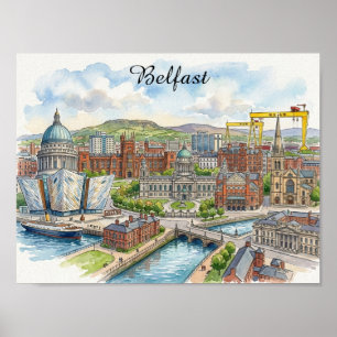 Belfast Nordirland Stadtansicht Wasserfarben Kunst Poster