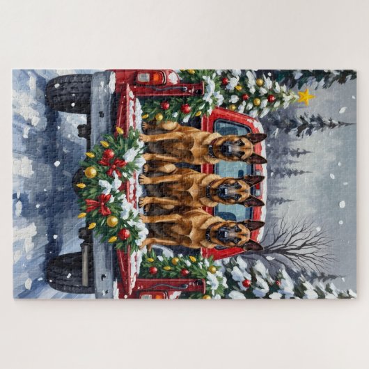 Belgian Malinois Christmas Red Truck Holiday Puzzle (Horizontal)