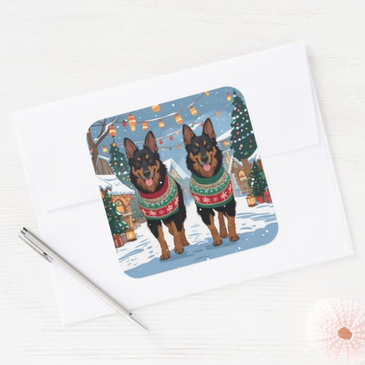 Belgian Malinois Dogs Christmas Snow Holiday Quadratischer Aufkleber (Umschlag)