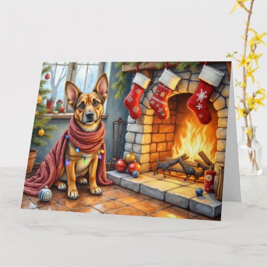 Belgian Malinois Fireplace with Christmas Lights Karte (Gelbe Blume)
