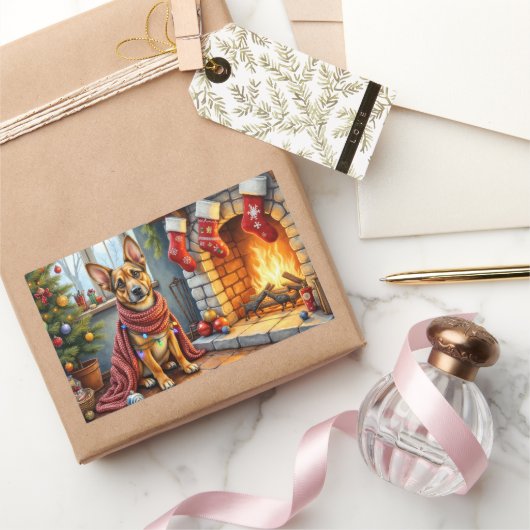 Belgian Malinois Fireplace with Christmas Lights Rechteckiger Aufkleber (Schenken)